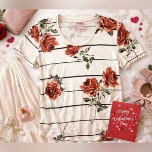 Maurice’s 24/7 Floral Stripe Short Sleeve Tee | Cream Rose Print Casual Top